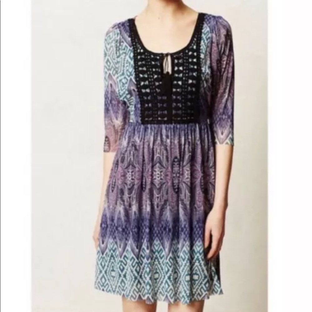 Anthropologie Purple & Teal Patterned Mini Dress